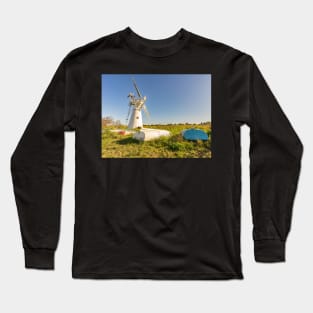 Day boats upside down on the riverbank with Thurne Mill in the background Long Sleeve T-Shirt